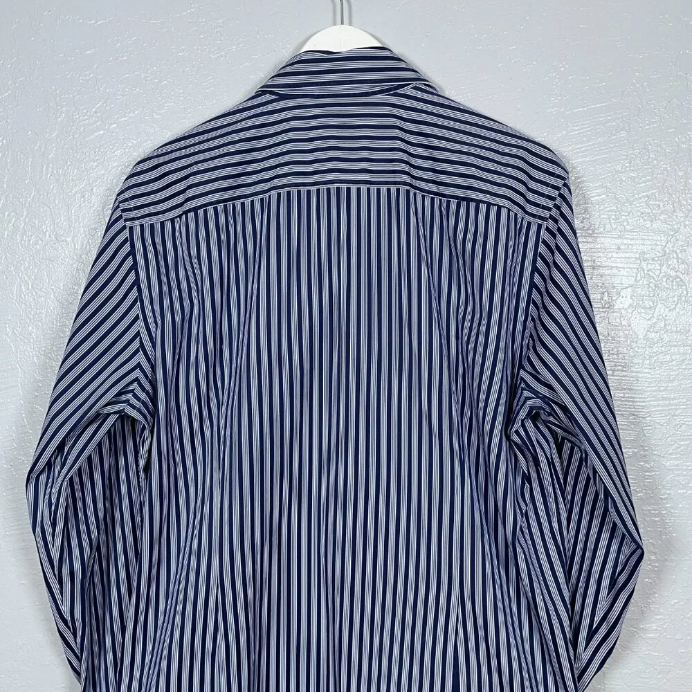 Hugo Boss Men 43 17 Navy Blue White Stripe Shirt Slim Fit Two Ply Spread Collar - Picture 7 of 10